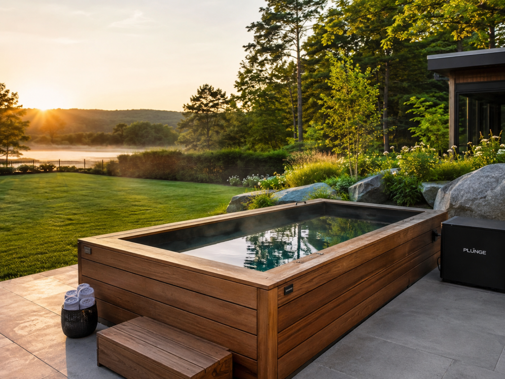 Sleek outdoor cold plunge pool set up for contrast therapy in Connecticut