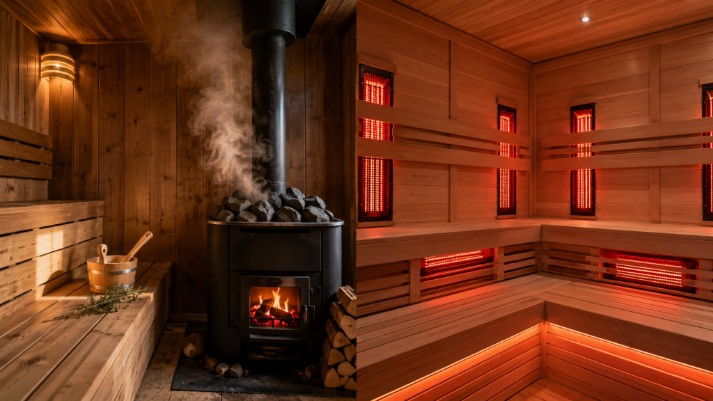 Side by side visual comparison of a traditional wood-fired sauna with steam and an infrared heat cabin