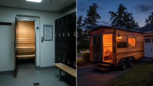 Visual comparison of a crowded gym locker room sauna versus a private driveway mobile sauna rental