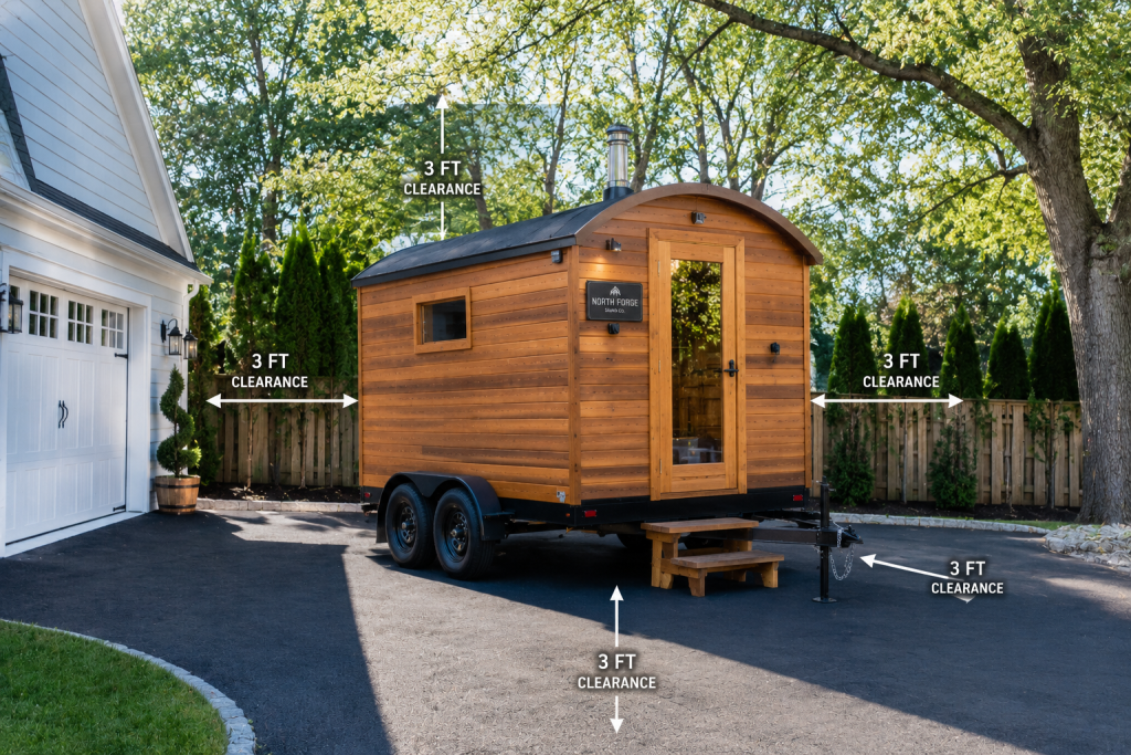 Mobile sauna trailer parked on a suburban driveway demonstrating footprint and overhead clearance requirements