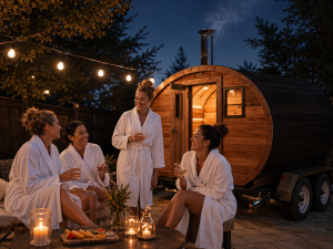 Group of friends celebrating together outside a mobile sauna rental during a group getaway