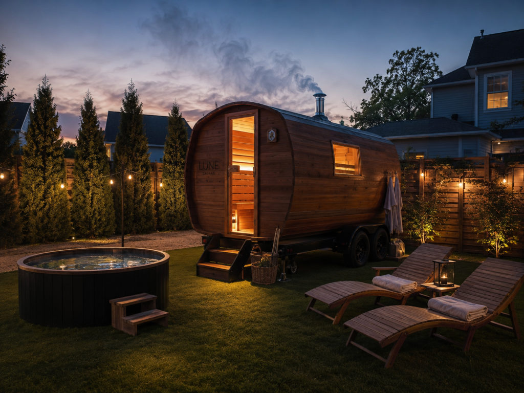Private mobile sauna rental set up in a residential backyard in Connecticut for an exclusive session
