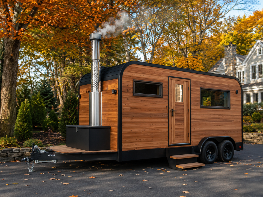 Handcrafted mobile wood-fired sauna trailer parked on a driveway in Connecticut ready for rental delivery