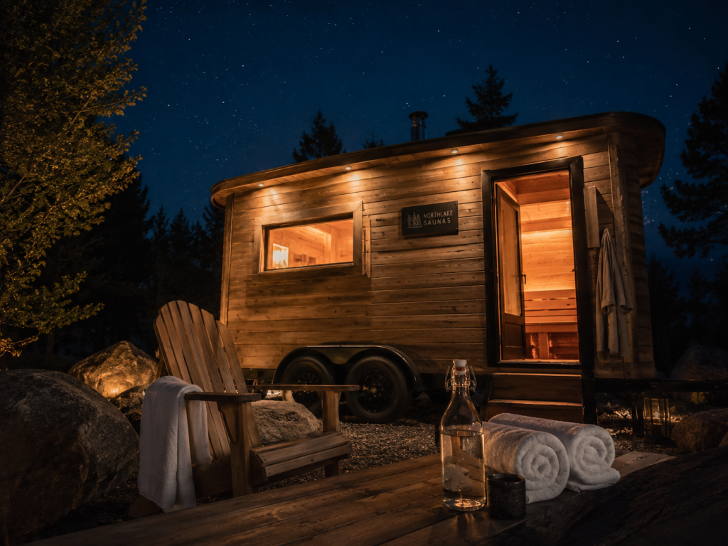 Wood-fired mobile sauna trailer set up outdoors at twilight for an evening sleep-prep session