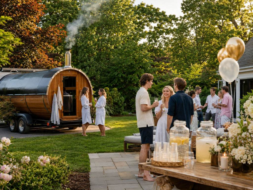 Mobile sauna rental set up at a suburban Connecticut home for a graduation party celebration