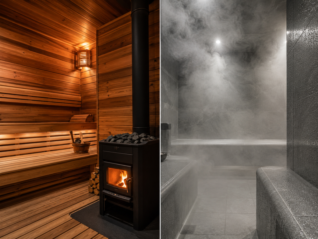 Visual contrast comparing a traditional wooden sauna interior and a mist-filled tiled steam room