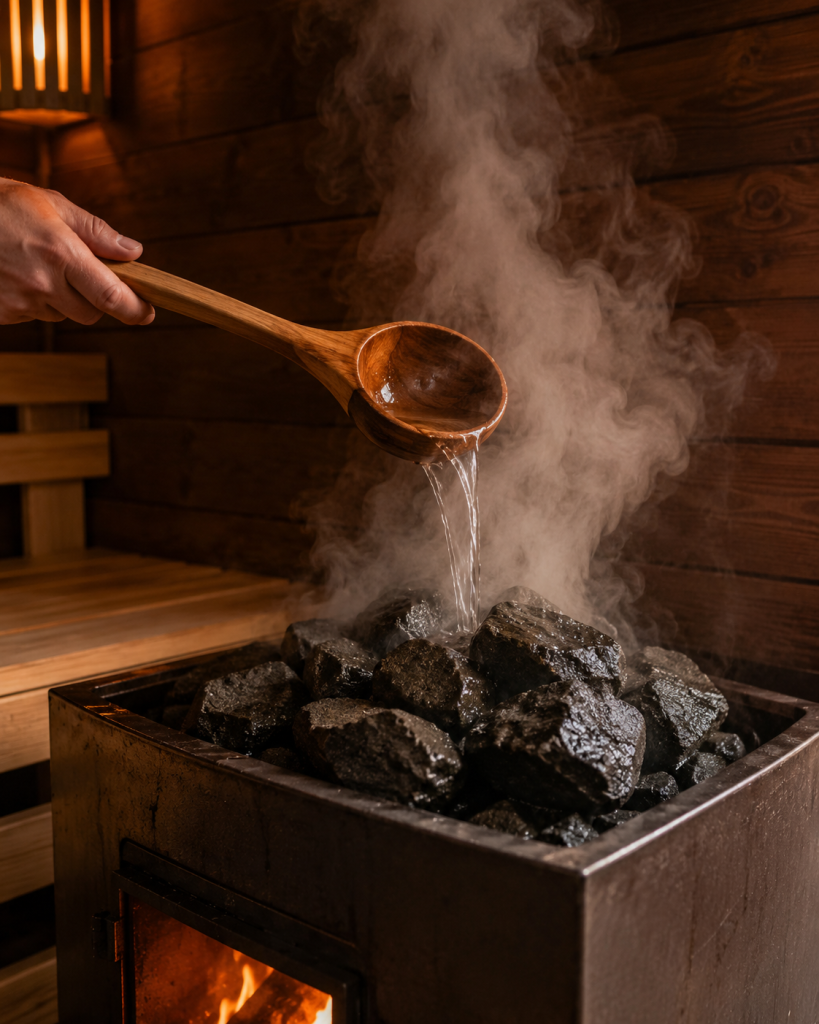 Pouring water onto hot sauna stones inside a wood-fired sauna trailer for löyly steam