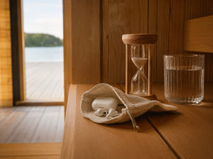 White wireless earbuds resting in a linen pouch on a cedar sauna bench next to an hourglass timer, showing sauna tech safety.