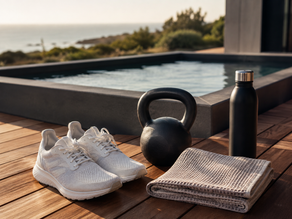 Athletic workout gear, towel, and water bottle beside an outdoor cold plunge tub on a cedar patio, illustrating workout timing for cold therapy.