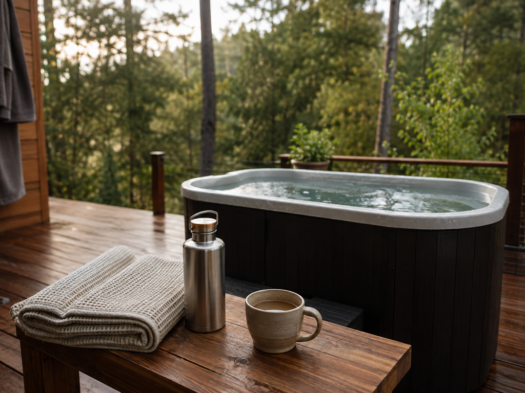 Modern outdoor cold plunge tub, soft linen towel, and warm herbal tea on a cedar patio, illustrating cold therapy dosage and wellness for women.
