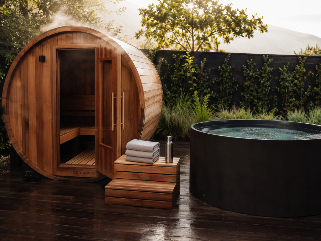 Outdoor contrast therapy setup featuring a cedar mobile sauna and a cold plunge tub on a backyard patio.
