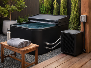 Insulated DIY outdoor cold plunge tub with plumbed water chiller and GFCI safety outlet on a patio gravel base.