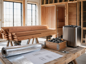 Unboxed cedar DIY sauna kit components, heater stones, and architectural blueprint plans laid out for home assembly.