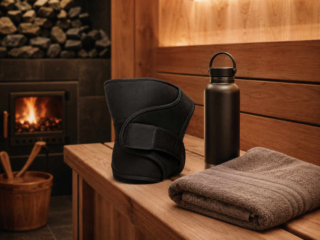 Neoprene sauna suit wrap and water bottle on a cedar bench, illustrating the difference between fluid loss and real fat burn.