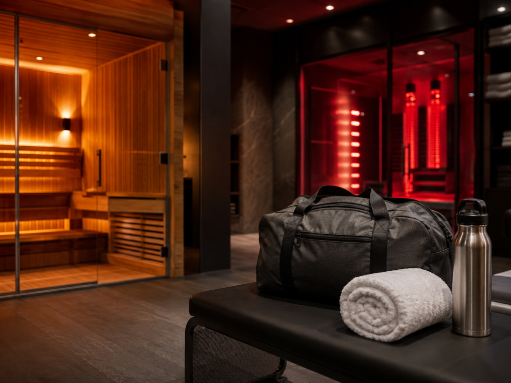 Gym locker room bench with workout gear beside a glowing red light booth and authentic cedar sauna interior, showing Planet Fitness sauna alternatives.