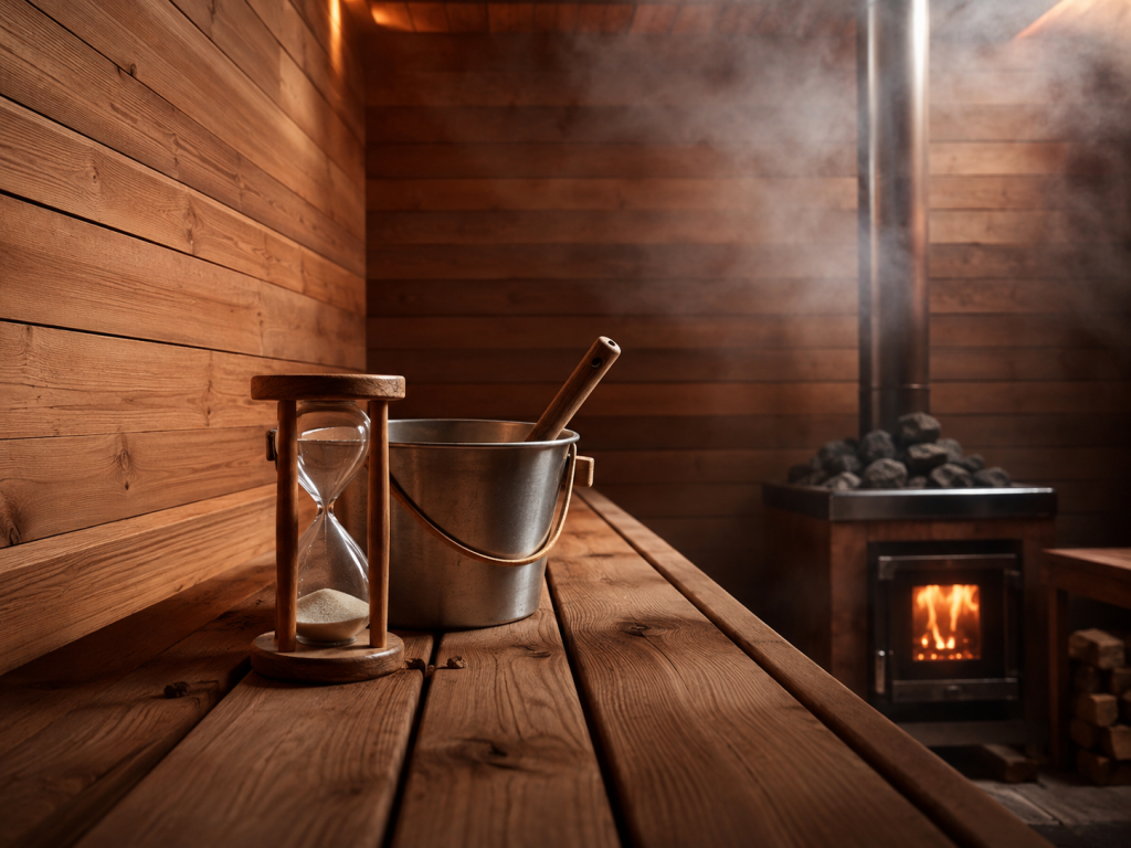 Warm wood-fired mobile sauna interior showing steam rising off cedar benches, illustrating heat therapy and passive calorie burn.