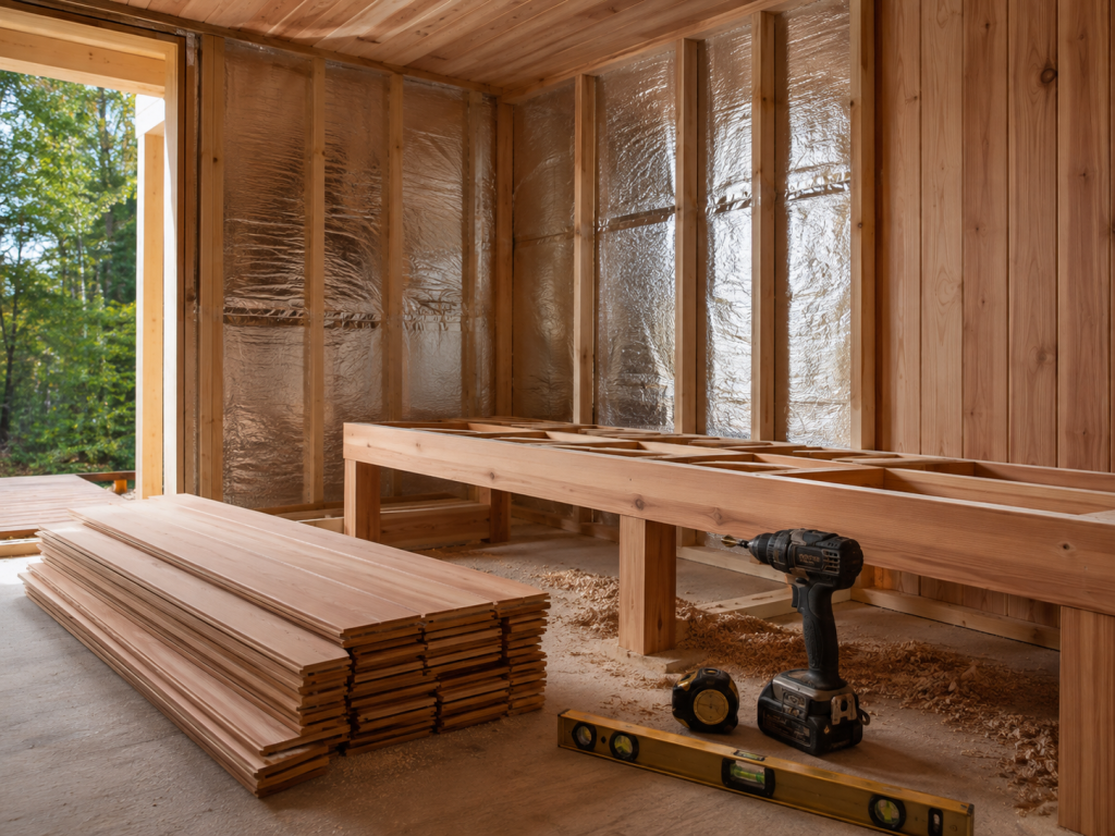 DIY sauna construction showing cedar framing, taped foil vapor barrier insulation, and carpentry tools inside a home build project.