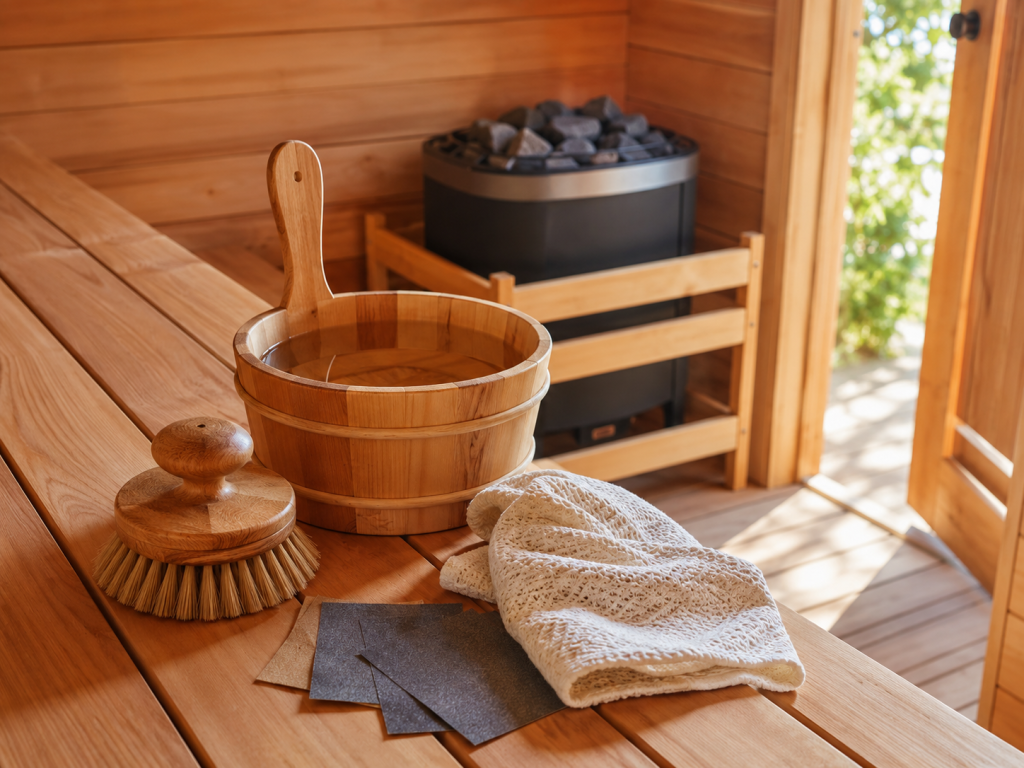 Natural wooden scrub brush, bucket with clean water, and cloth on a cedar sauna bench with the door ajar for ventilation and drying.