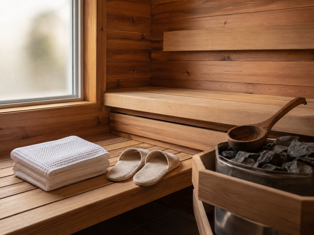 Clean towel and sauna essentials laid out on the lower cedar bench inside a mobile sauna for a beginner session.