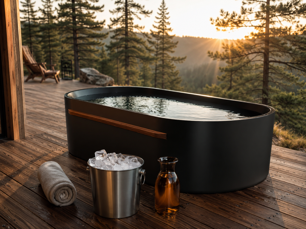 Alt Text: Premium cold plunge tub and ice bath setup on a luxury outdoor cedar deck at sunrise for recovery therapy.