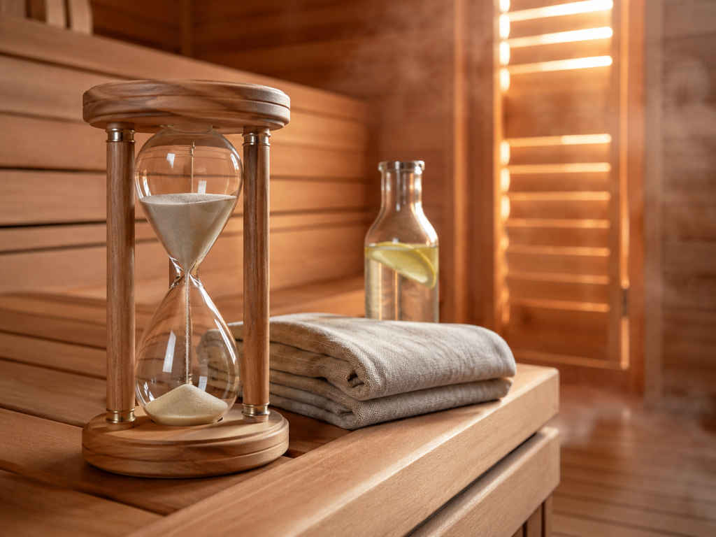 Clean linen towel, water bottle, and wooden hourglass timer on a cedar sauna bench, illustrating cardiovascular heat therapy and blood pressure safety.