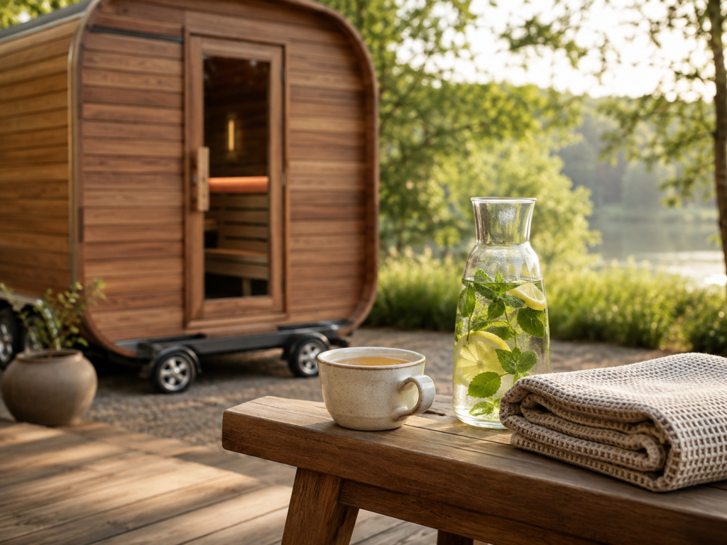 Calming herbal tea, fresh water carafe, and linen towels arranged on a cedar bench outside a mobile sauna, illustrating prenatal wellness and safety precautions.