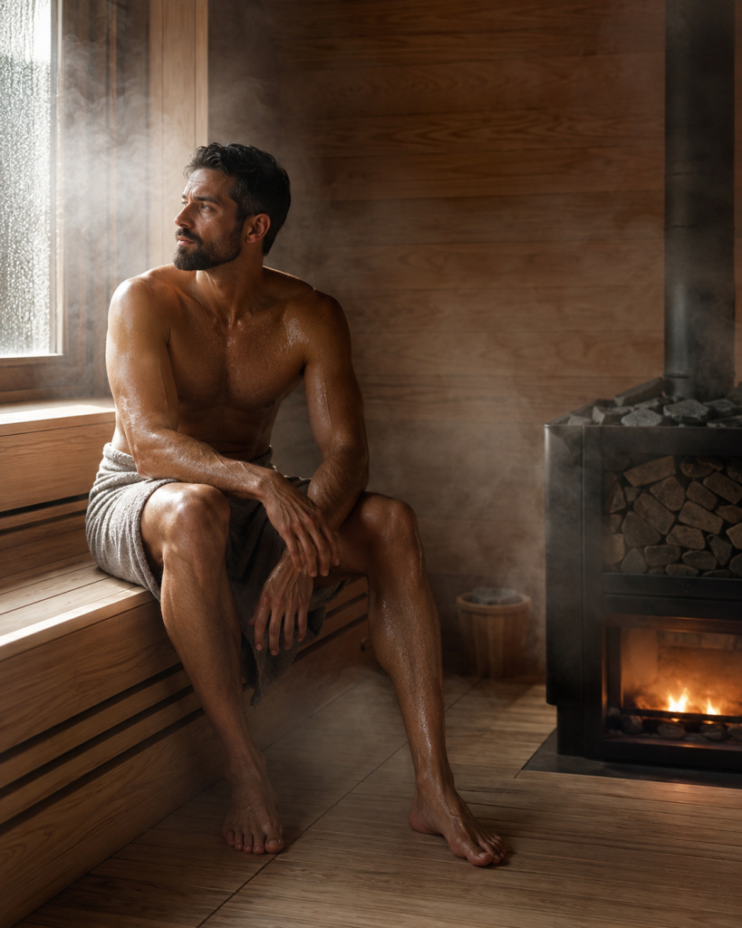 An athletic man relaxing inside a modern wood-fired mobile sauna, reflecting on muscle recovery and heat therapy benefits.
