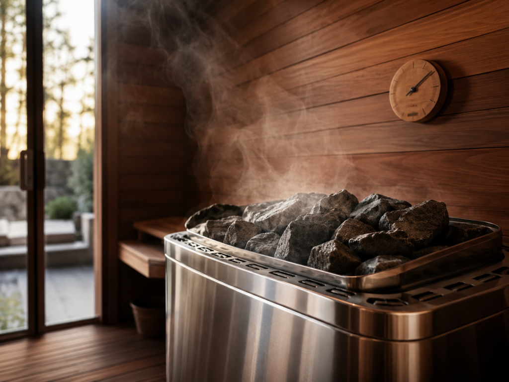 A wall-mounted wooden sauna thermometer and hot cedar benches inside a traditional mobile sauna, illustrating temperature ranges across sauna types