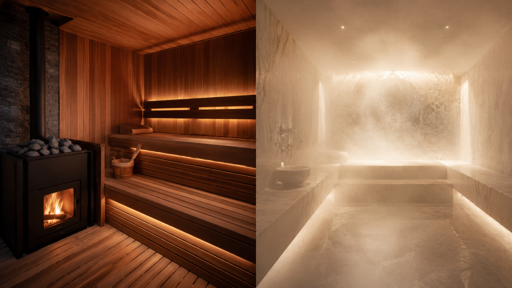 Side-by-side comparison of a traditional dry mobile sauna interior and a humid marble steam room, highlighting heat and fluid loss differences.