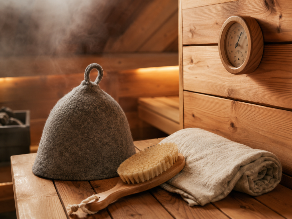 Natural grey wool felt sauna hat and linen towel on a cedar bench, illustrating thermal head protection in a sauna.