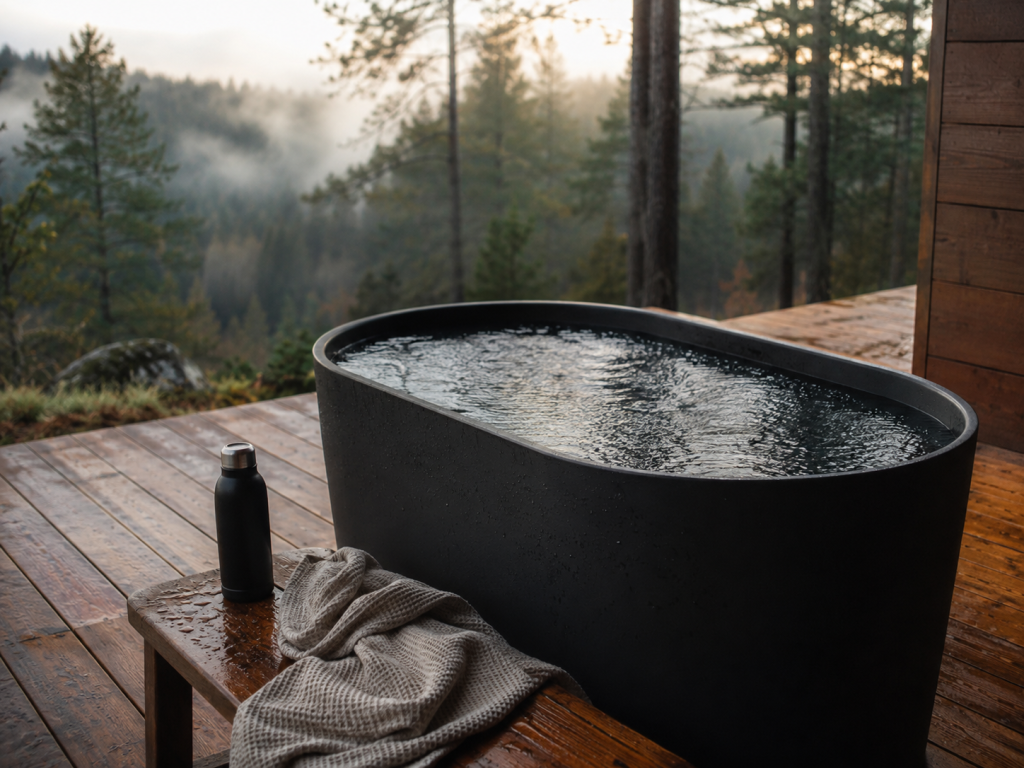 Modern outdoor cold plunge tub and recovery essentials on a cedar deck, illustrating the physiological effects of ice baths on the body.