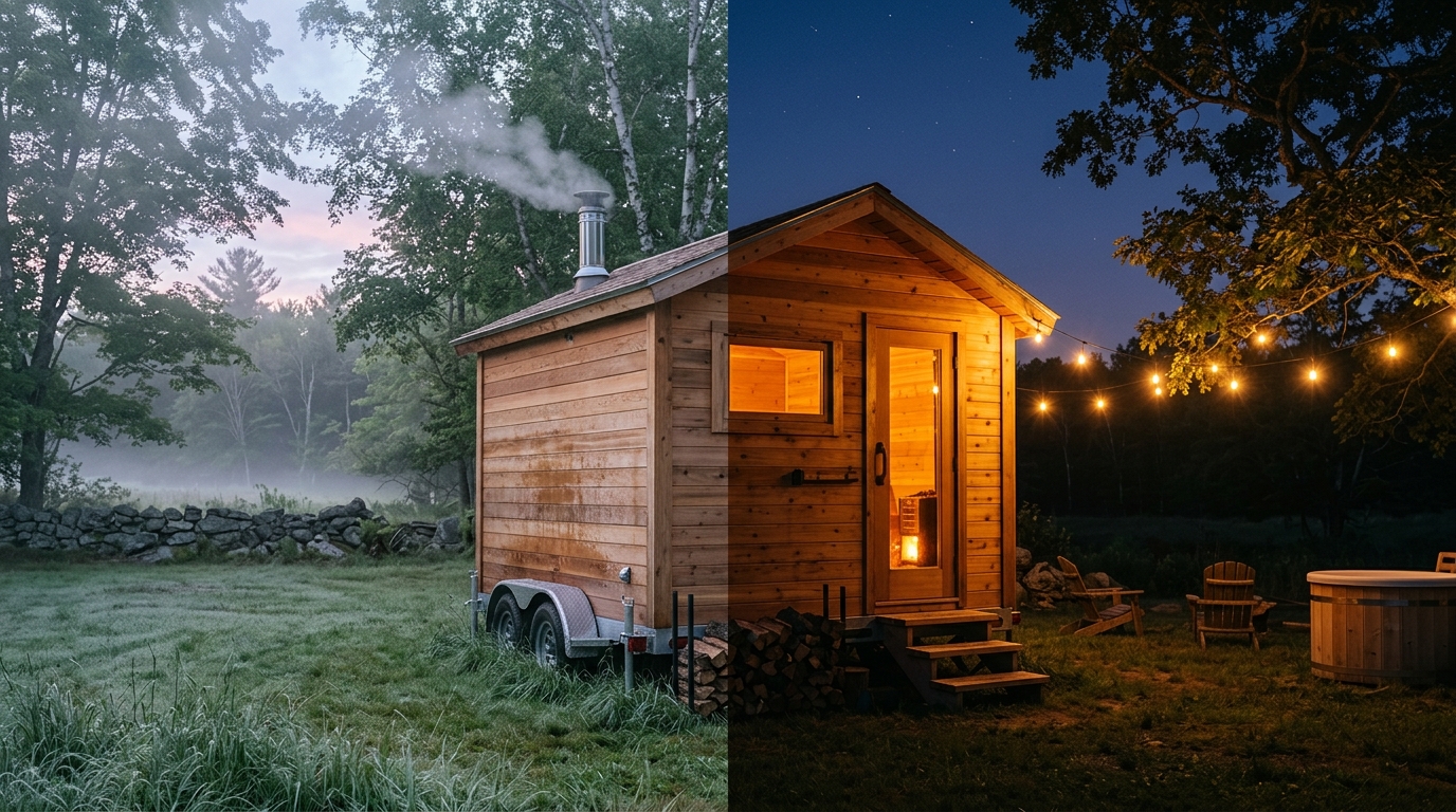 Handcrafted cedar mobile sauna parked in a private backyard with morning mist on one side and a warm glowing lantern evening atmosphere on the other