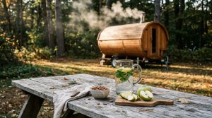 A rustic wooden picnic table in a backyard near a mobile barrel sauna with fresh citrus water, salted almonds, and light fruit snacks