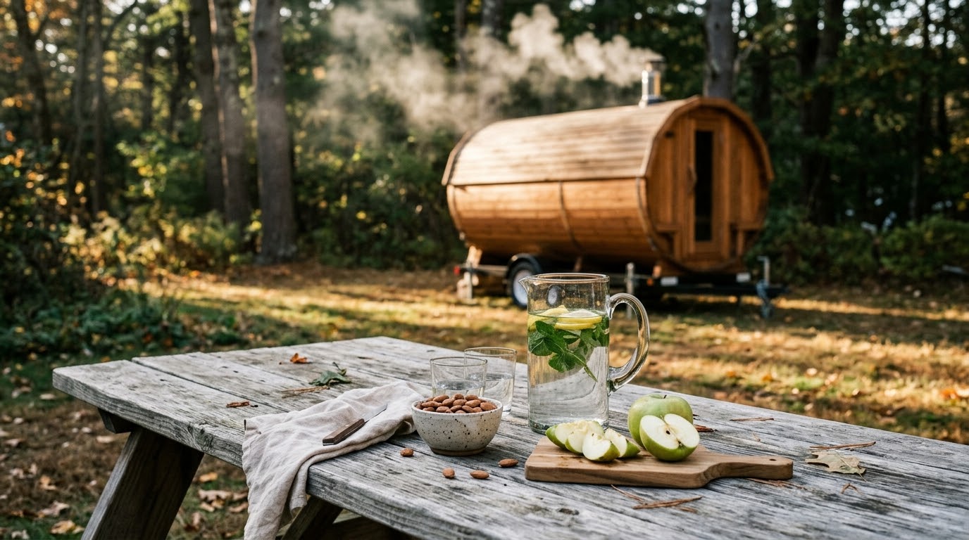 A rustic wooden picnic table in a backyard near a mobile barrel sauna with fresh citrus water, salted almonds, and light fruit snacks