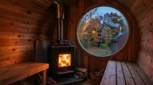 A glowing wood-fired stove packed with heated peridotite sauna rocks inside a timber mobile barrel sauna with smoke gently rising outside in autumn