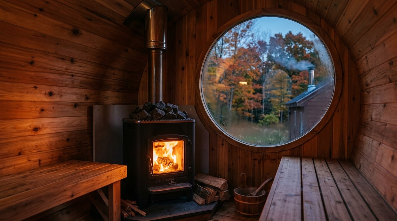 A glowing wood-fired stove packed with heated peridotite sauna rocks inside a timber mobile barrel sauna with smoke gently rising outside in autumn