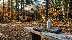 Running shoes and hydration flask resting on a wooden bench outside a handcrafted cedar mobile sauna in an autumn woodland setting