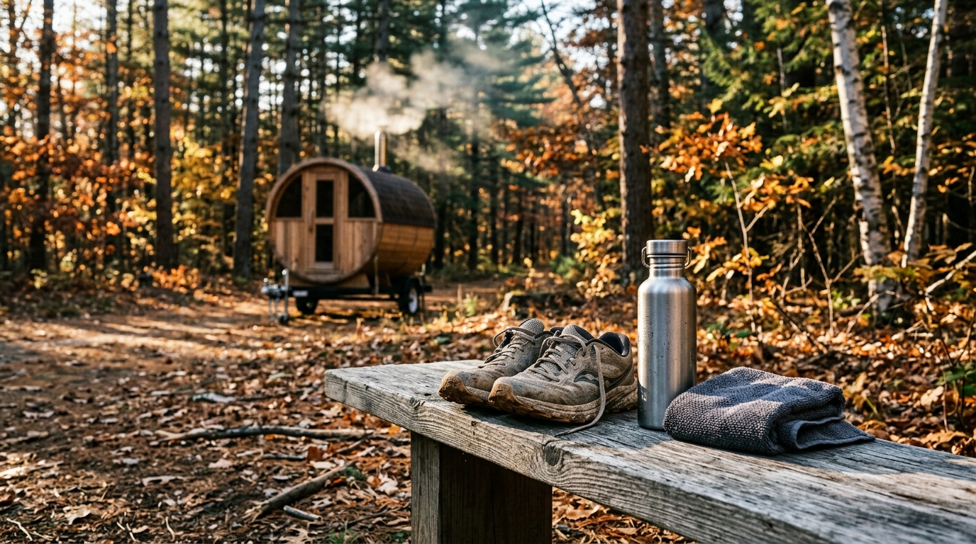 Running shoes and hydration flask resting on a wooden bench outside a handcrafted cedar mobile sauna in an autumn woodland setting