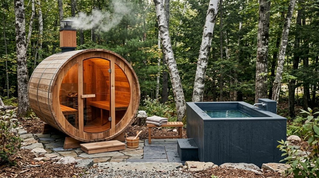 A clean, modern outdoor recovery station with a handcrafted cedar mobile sauna alongside a stainless steel cold plunge tub in a New England backyard setting