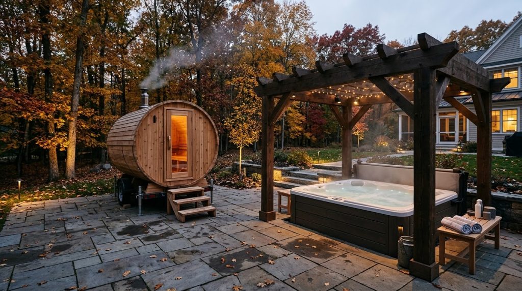 An authentic outdoor cedar mobile barrel sauna and a modern residential hot tub situated on a stone patio in a scenic New England backyard