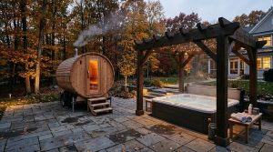 An authentic outdoor cedar mobile barrel sauna and a modern residential hot tub situated on a stone patio in a scenic New England backyard