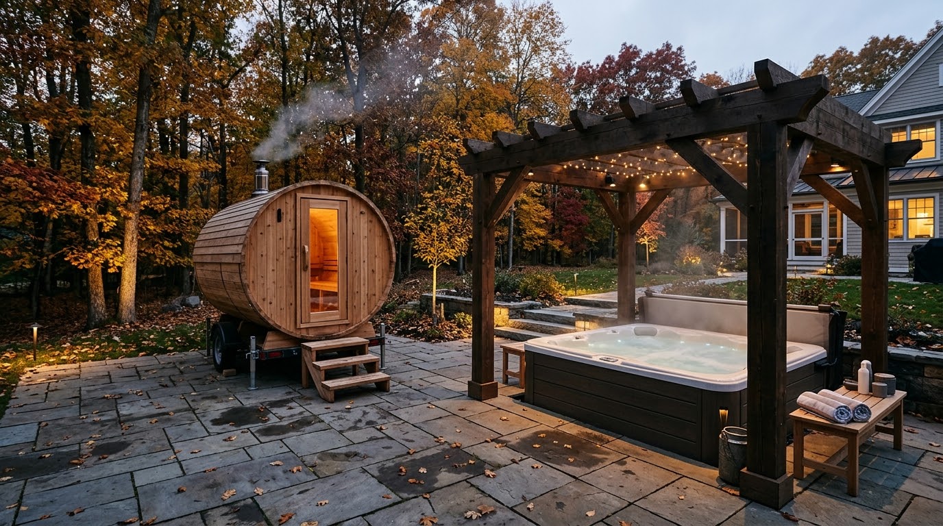 An authentic outdoor cedar mobile barrel sauna and a modern residential hot tub situated on a stone patio in a scenic New England backyard