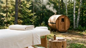 A tranquil wellness setting showing a professional massage table with rolled linen towels adjacent to a warm cedar mobile sauna in an outdoor retreat
