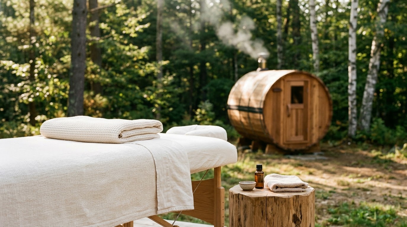 A tranquil wellness setting showing a professional massage table with rolled linen towels adjacent to a warm cedar mobile sauna in an outdoor retreat