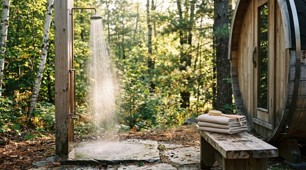 Minimalist outdoor wooden rinse area beside a handcrafted cedar mobile sauna with clean waffle towels and soft water mist